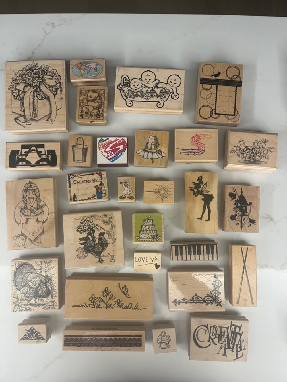 Wooden Mounted Rubber Stamps Lot
